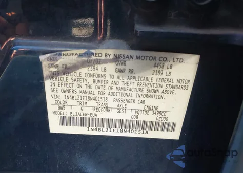 2008 Nissan Altima 3.5 Sl from USA, damaged, VIN 1N4BL21E18N401518